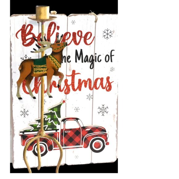 Pair Of Brass Candleholders With Reindeer Christmas Decor - Picture 2 of 6